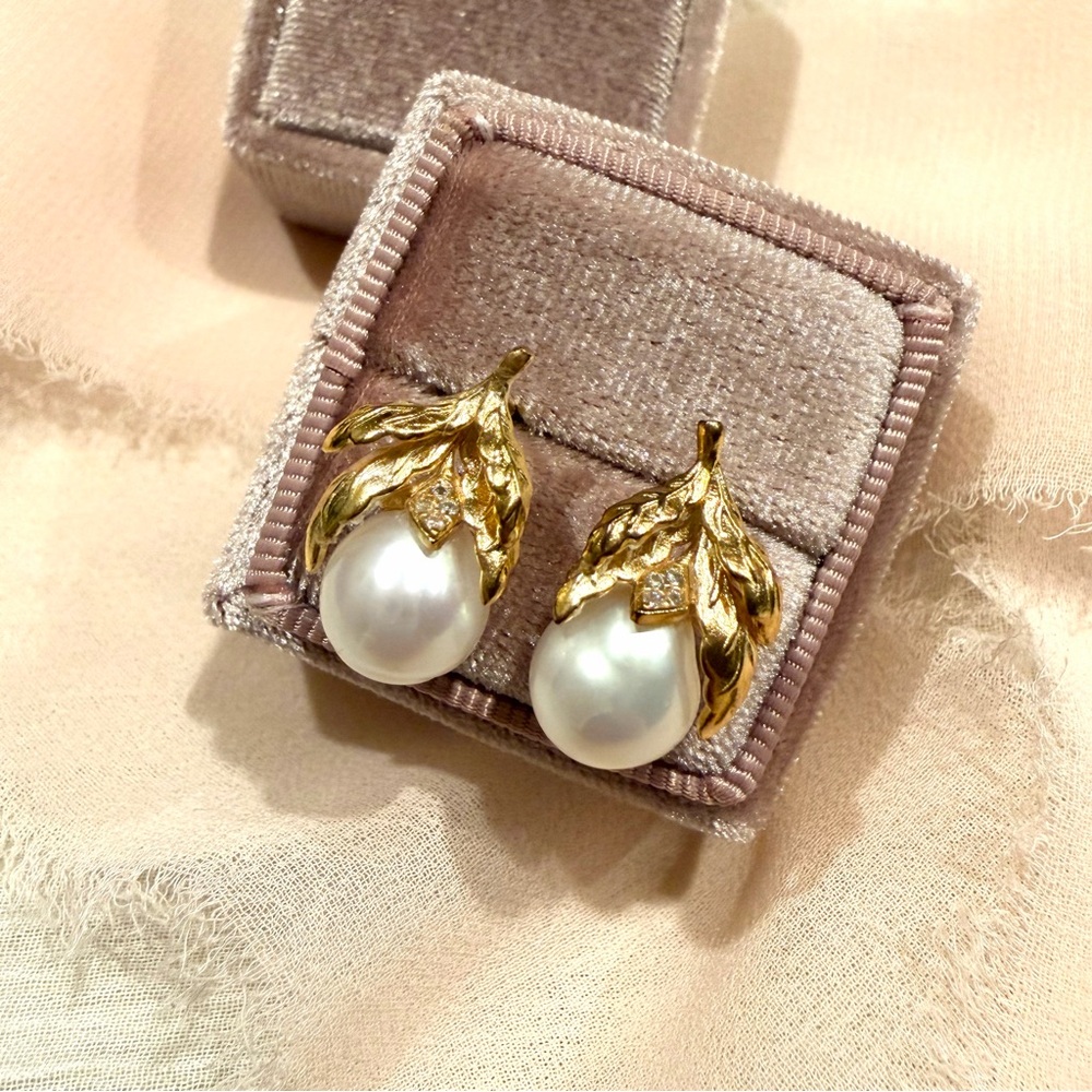 Gold Leaf Freshwater‎ Pearl Drop Earrings Statement Baroque Pearl Jewelry